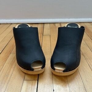 Sven Peep Toe Black Leather Clogs Boho Chic